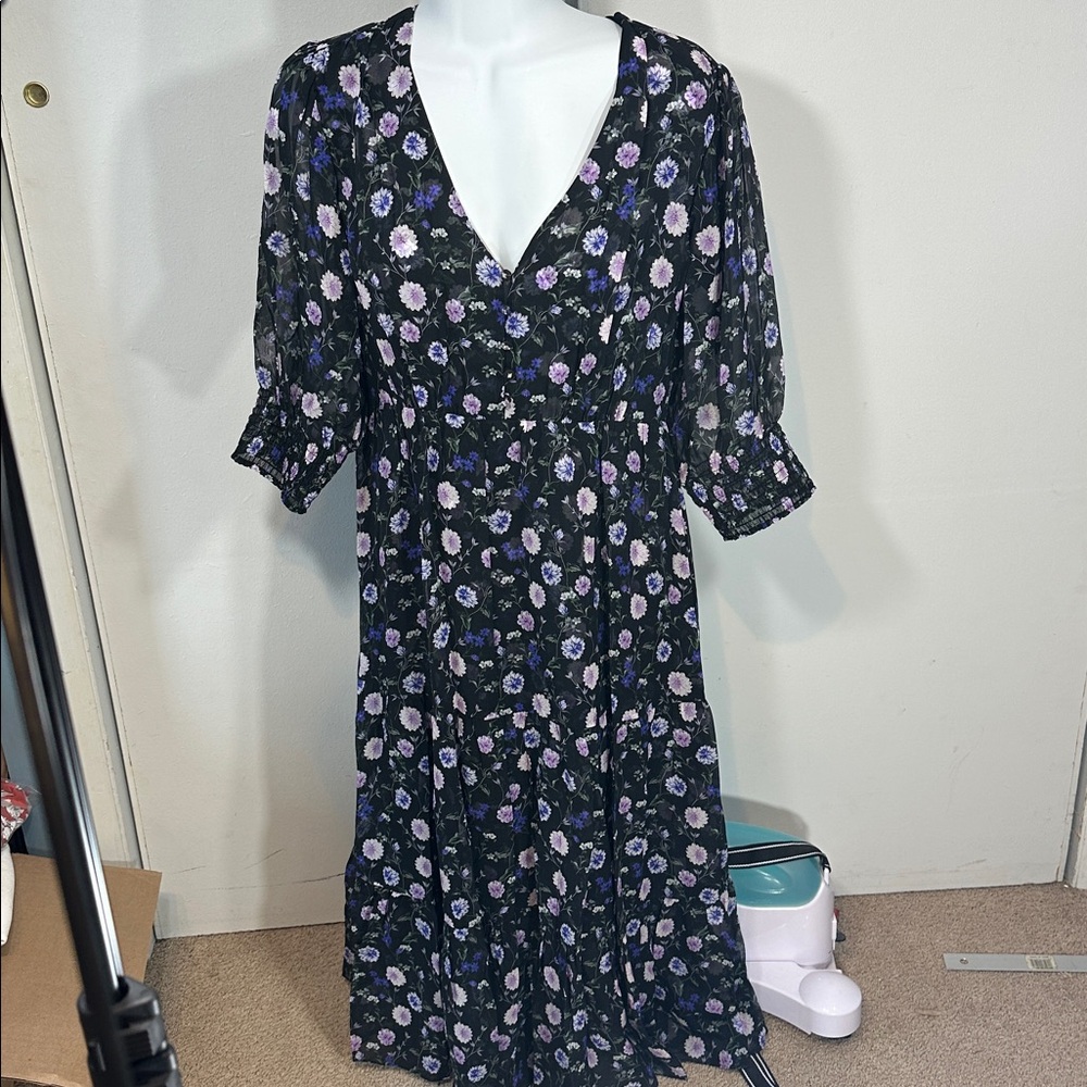 NEW Size 2 (US 6) The Kooples Black Midi Dress Purple Pink Floral silk & lined